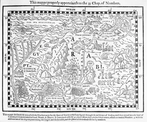 A map showing the journey of the Israelites out of Egypt and into Canaan, facsimile of an image from the Geneva Bible of 1560